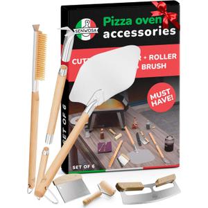 Premium Pizza Oven Accessories Kit - 6-Piece Set for Home Pizza Making: Includes Pizza Peel, Oven Brush, Bubble Popper Turner, Rocker Cutter, Dough Roller & Scraper