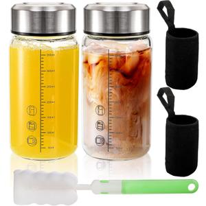 WRINGKIT 2 Pack Glass Juice Bottles with Lids, 12 Oz Wide Mouth Shaker Bottle with Sleeve, Leakproof Glass Mixing Sports Drinking Bottles for Protein Mixs, Vitamin, Juicing, Smoothies, Beverage