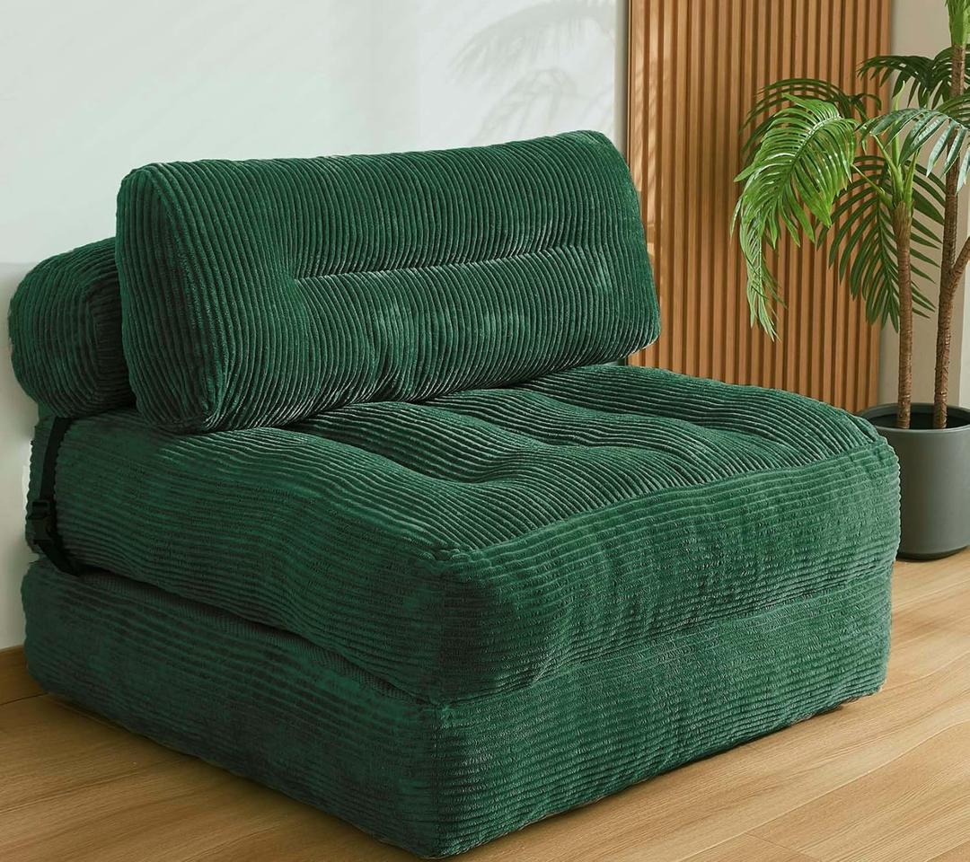 Folding Sofa Bed, Convertible Sleeper Chair Couch Bed Faux Rabbit Fur for Adults, with Back Support Floor Couch Comfy Floor Sofa for Living Room Bedroom, Dark Green, Single