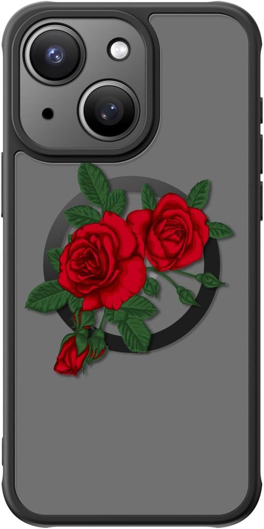 FUNMIKO for iPhone 14 Case Military-Grade Protection & Wireless Charging - Trendy Floral Design for Women Girls, Non-Slip Matte Phone Cover with Shockproof Corners - Blooming Red Rose