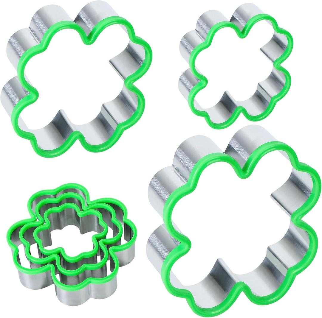 Tugaizi St. Patrick's Day Four-Leaf Clover Shaped Cookie Cutter Set Irish Festival Stainless Steel Cookie Cutter Set for Pressing cookies, Breads,Fruits and Sandwiches, Set of 3 (Green, four-leaf clover)