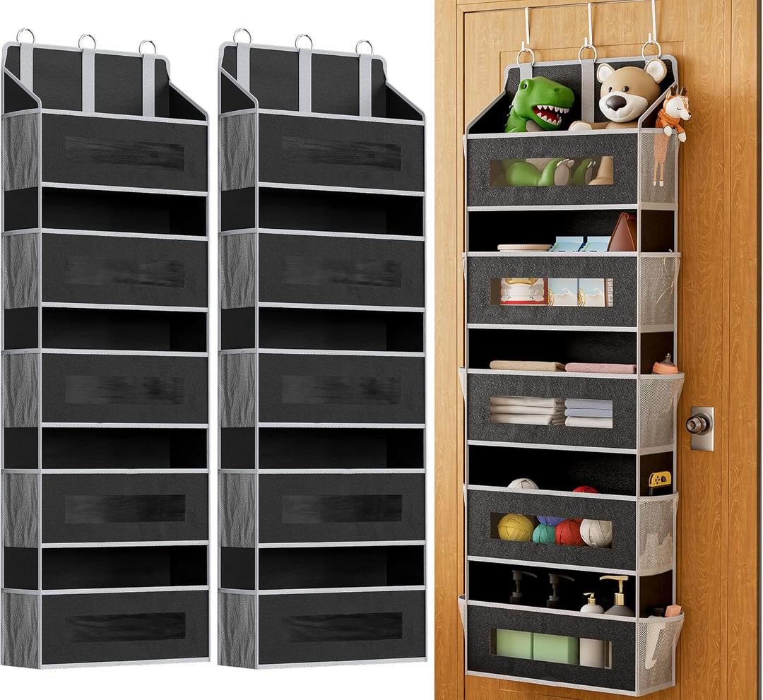 2 Pack 5 Tier Over The Door Organizer - Large Capacity Behind Door Hanging Shelves with 10 Mesh Pockets and Clear Windows, Closet Organizers and Storage for Bathroom, Bedroom, Nursery, Black