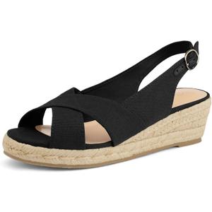 mysoft Women's Espadrille Sandals Low Wedge Platform Open Toe Slingback Ankle Strap Criss Cross Slip On Summer Shoes (9.5, Black)