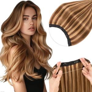 Rich Choices 100% Real Human Halo Hair Extensions for Women Remy Halo Extension Invisible Wire Hairpiece Clip in One Piece Hairpiece Adds Weight 80g 16 Inch #4P27 Medium Brown Highlight Dark Blonde