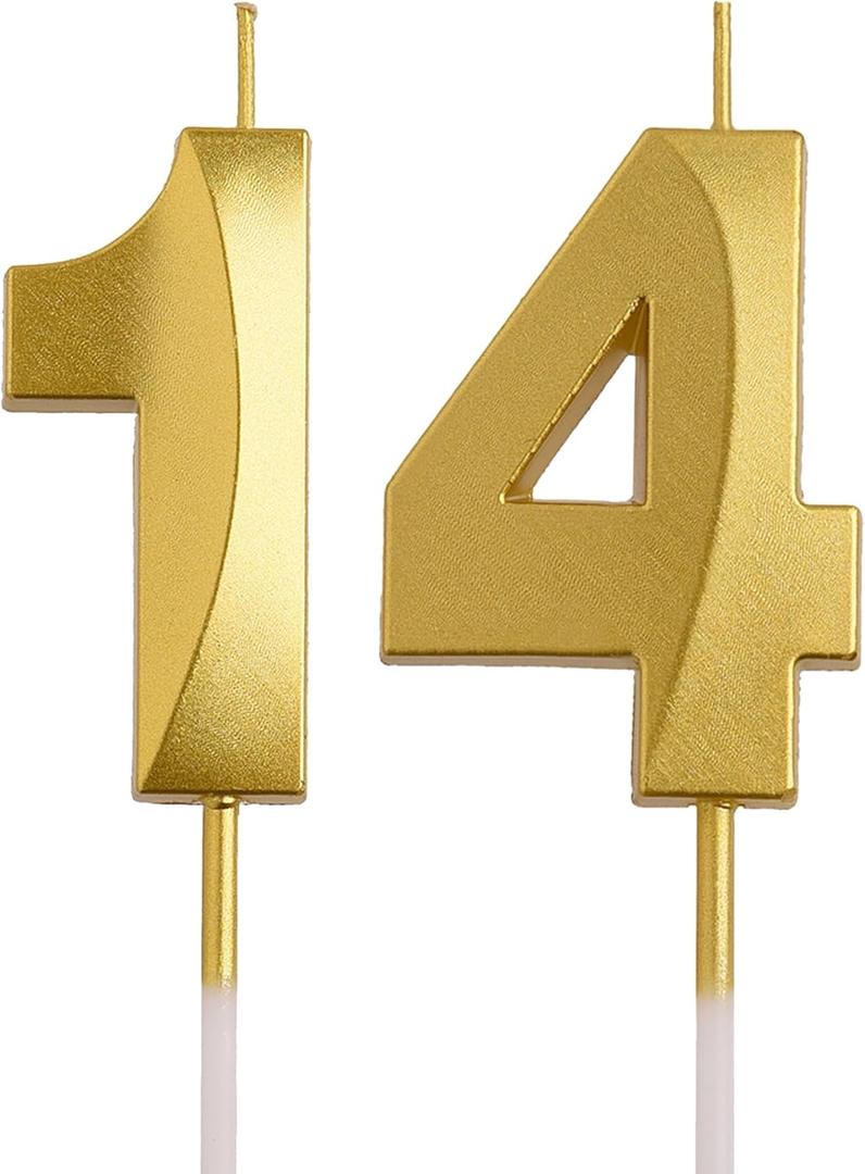 14th Birthday Candles, Gold 3D Number 14 Happy Birthday Candle Cake Topper Decorations for Teenagers Boys Girls