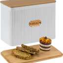 Extra Large Bread Box for Kitchen Countertop Corner Breadbox for Homemade Bread Metal White Vertical Stripe Pattern Embossed Storage Container Bin with Bamboo Lid Fits 2 Loaves of Bread