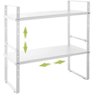 Across-Star Expandable Cabinet Shelf Organizer Rack, Stackable Kitchen Counter Storage Shelves Stand, Adjustable Height Pantry Shelf Spice Rack (White, 2 Pack)