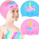 2 pcs Kids Swim Cap Silicone Swimming Cap for Boys Girls (Age 3-12) Cover Ears Waterproof Bathing Cap Keep Hair Dry Swimming Hat for Hair