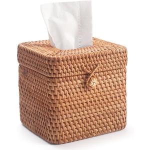 Rattan Tissue Box Cover Natural Woven Facial Napkin Holder Square with Lid 5.7 x 5.7 x 5.5 Inch (Natural)