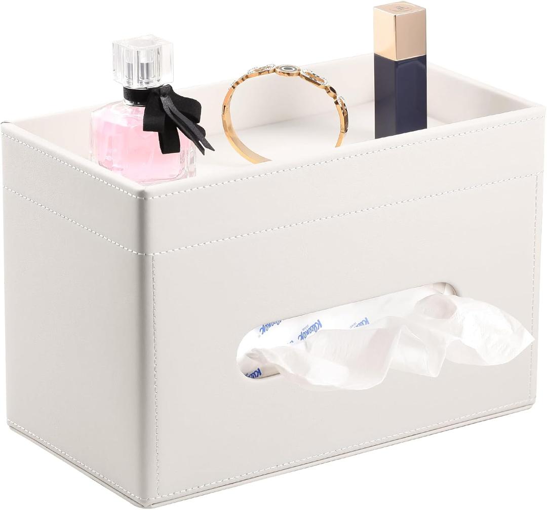 Rectangular Tissue Box Cover with Storage Tray, Leather Facial Tissue Box Holder for Bathroom, Office Table, Countertop, Night Stand & More (White)