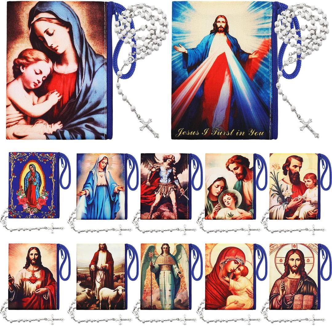 Remuuly 12 Pack Catholic Rosary Pouch With Coin Purse, 4.9'' x 3.5'' Wood Rosary Holder Bag With Zipper, Small Catholic Keepsake Gifts for First Communion Baptism