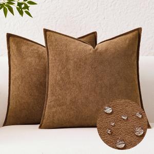 Kevin Textile Waterproof Decorative Pillow Covers Brown 16x16 Inch Pack of 2 Soft Boucle Textured Throw Pillowcases Elegant Accent Pillows for Couch Sofa Chair Bed Home Decor Indoor Outdoor