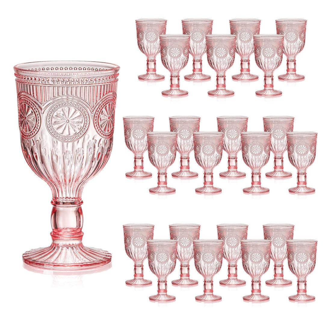 12 Oz Vintage Wine Glasses Goblets Drinking Glasses Sunflower Embossed Glassware Plastic Champagne Flutes Unbreakable Wedding Toasting Glasses Party Wine Cups for Bridal Shower Party (24, Pink)