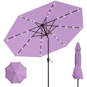 Patio Kingdom 9' Solar LED Patio Umbrella with Tilt & Crank|8 Sturdy Ribs, UV Protection, Outdoor Market Table Umbrella for Deck, Lawn, Pool, Backyard(Taro Purple)