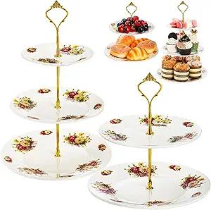 Cupcake Stand Set of 2, 3-Tier & 2-Tier Porcelain Dessert Stand with Vintage Floral Embossing, Elegant Tiered Serving Trays for Wedding, Birthday, Tea Party Display, White