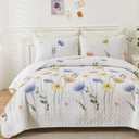 Dinjoy Floral Quilt Set Queen 3 Pieces Blue & Yellow Quilts Bedding Set Bohemian Bedspread Bed Cover Lightweight Spring Summer Beds Coverlet for All Season(96"x90")