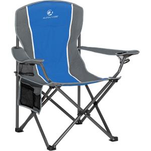 ALPHA CAMP Oversized Camping Folding Chair - Heavy Duty Steel Frame Support 350 LBS, Collapsible Padded Arm With Cup Holder, Quad Lumbar Back, Portable for Outdoor/Indoor (Blue/Gray)