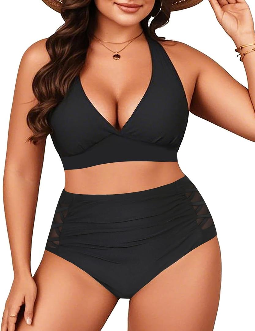 Yonique Womens Two Piece Plus Size Halter Bikini Swimsuits Tummy Control Bathing Suits High Waisted Swimwear (Black 01, 18W)