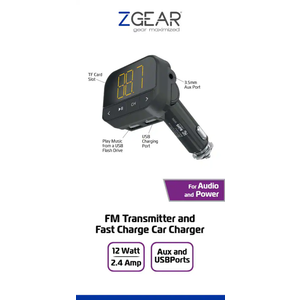 ZGear FM Transmitter & Fast Charging Car Charger - 12 watt 2.4 amp Aux & USBport