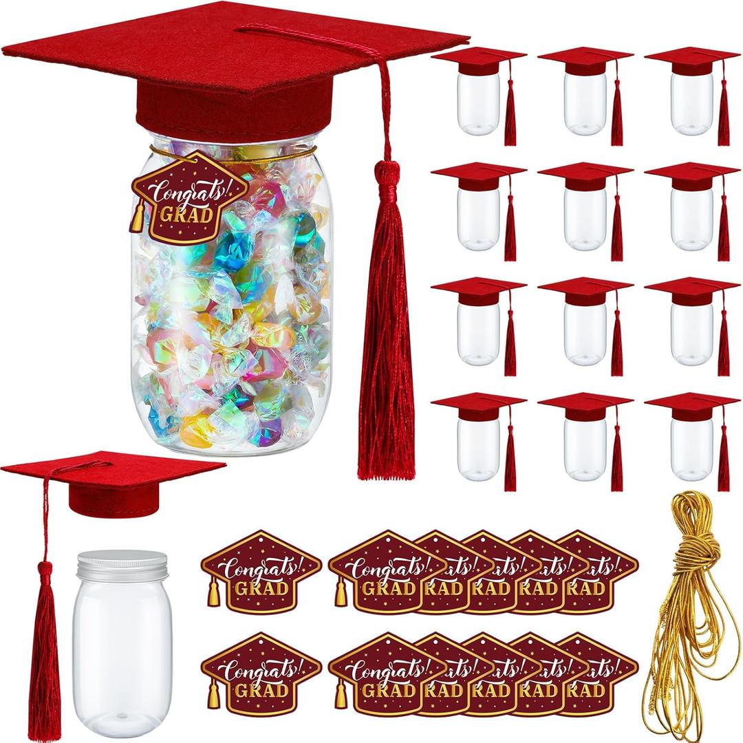 12 Pcs Clear Plastic Graduation Jar with Lids Plastic Mini Canning Jars with 12 Felt Mini Graduation Hat and Cards and 6 Ropes Storage Containers Grad Party Supplies(Red)