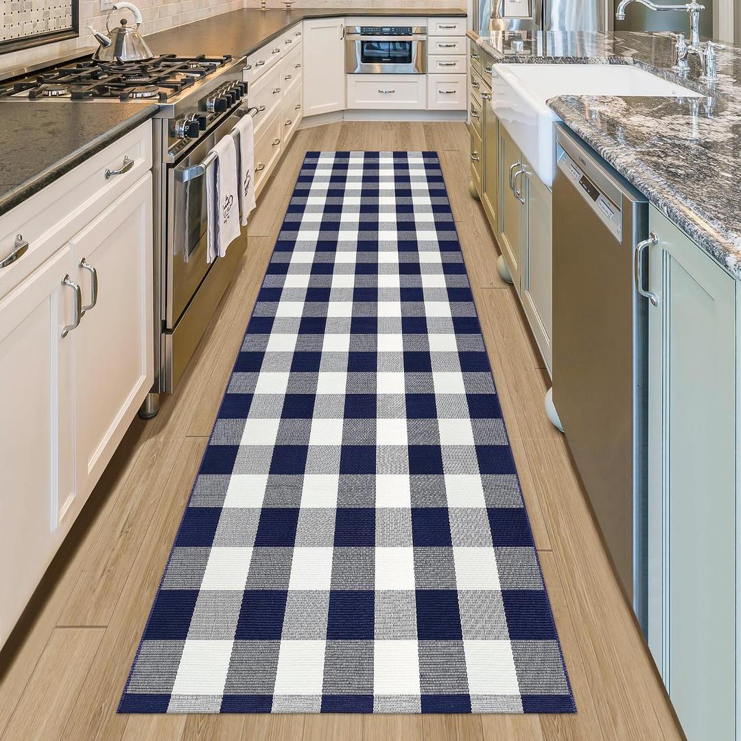 Buffalo Plaid Runner Rug 3x10 Feet Navy and White Checkered Runner Rug Cotton Woven Farmhouse Floor Mat Washable Rugs for Hallway Kitchen Laundry Bedroom Living Room
