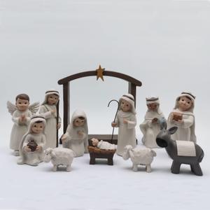 Nativity Family Set Hand Painted Crafts 12 Piece Classic Resin Christmas Cream Nativity Set The Story of Jesus Nativity Scene Collection (White)