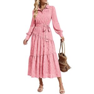 dowerme Women's Casual Dresses 2025 Fall Fashion Long Sleeve Button Up Floral Print Belted Tiered Boho Maxi Party Dress (Pink, XL)
