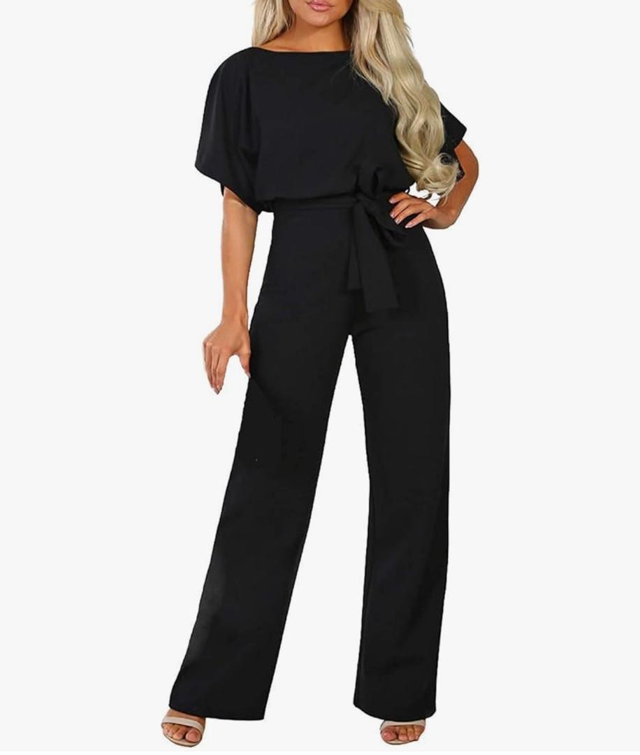 Happy Sailed Womens Loose Short Sleeve Belted Wide Leg Pant Romper Jumpsuit Business Casual One Piece Outfits, Size Small