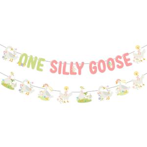 One Silly Goose Banner Garland Pink Green Goose Theme 1st Birthday Decorations for Girl Floral Goose Cute Geese First Birthday Decors Fun Farm Animal Flowers Lawn Baby Shower Party Supplies