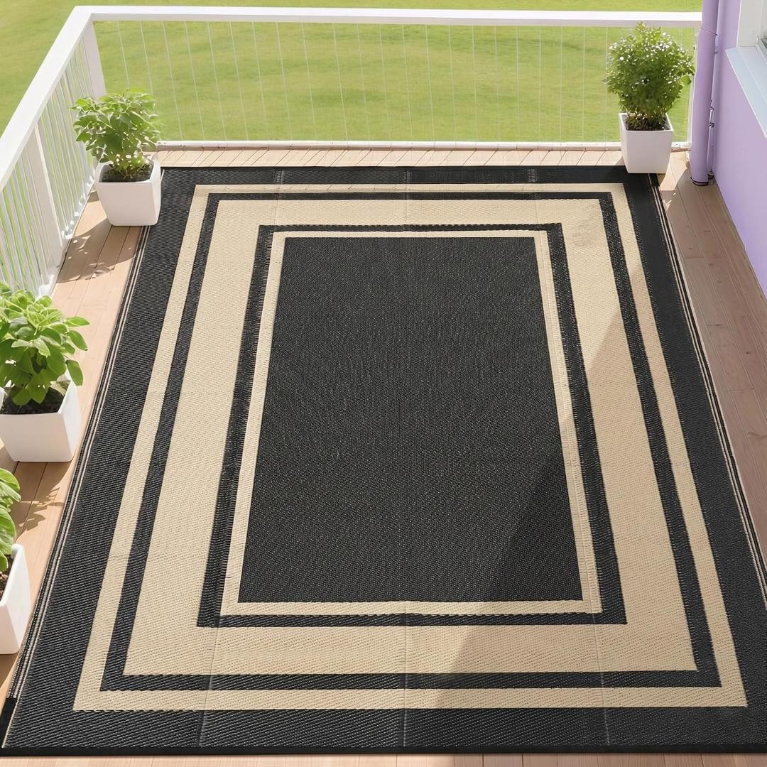 RURALITY Outdoor Rug 9x12 Waterproof for Patio Clearance,Large Plastic Straw Mat for Camping,Porch,RV,Reversible,Black and Beige