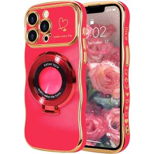 NITITOP Compatible with iPhone 13 Pro Max Case Magnetic Ring Stand [Compatible with MagSafe] Cute for Women Girl Plating Wave Curly Love Heart Camera Protection Girly Luxury Phone Cover - Rose Red (iPhone 13 Pro Max, Rose Red)