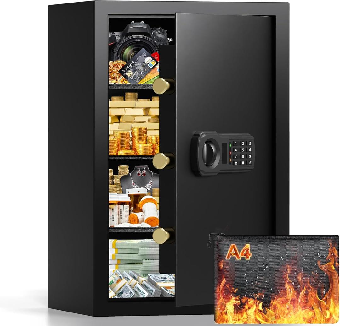 23.62'' Tall Safe Box, 5.0 Cuft Home Safety Box with A4 Fireproof Waterproof Bag, Anti-Theft Security Document Safe with Combination Lock & 3 Removable Shelves, Large Safes for Home Cash Medicines