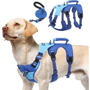 PUPTECK Escape Proof Dog Harness and Leash Set Upgraded No Pull Reflective Dog Vest with Lift Handle, Easy Control Pet Harness, Blue, M