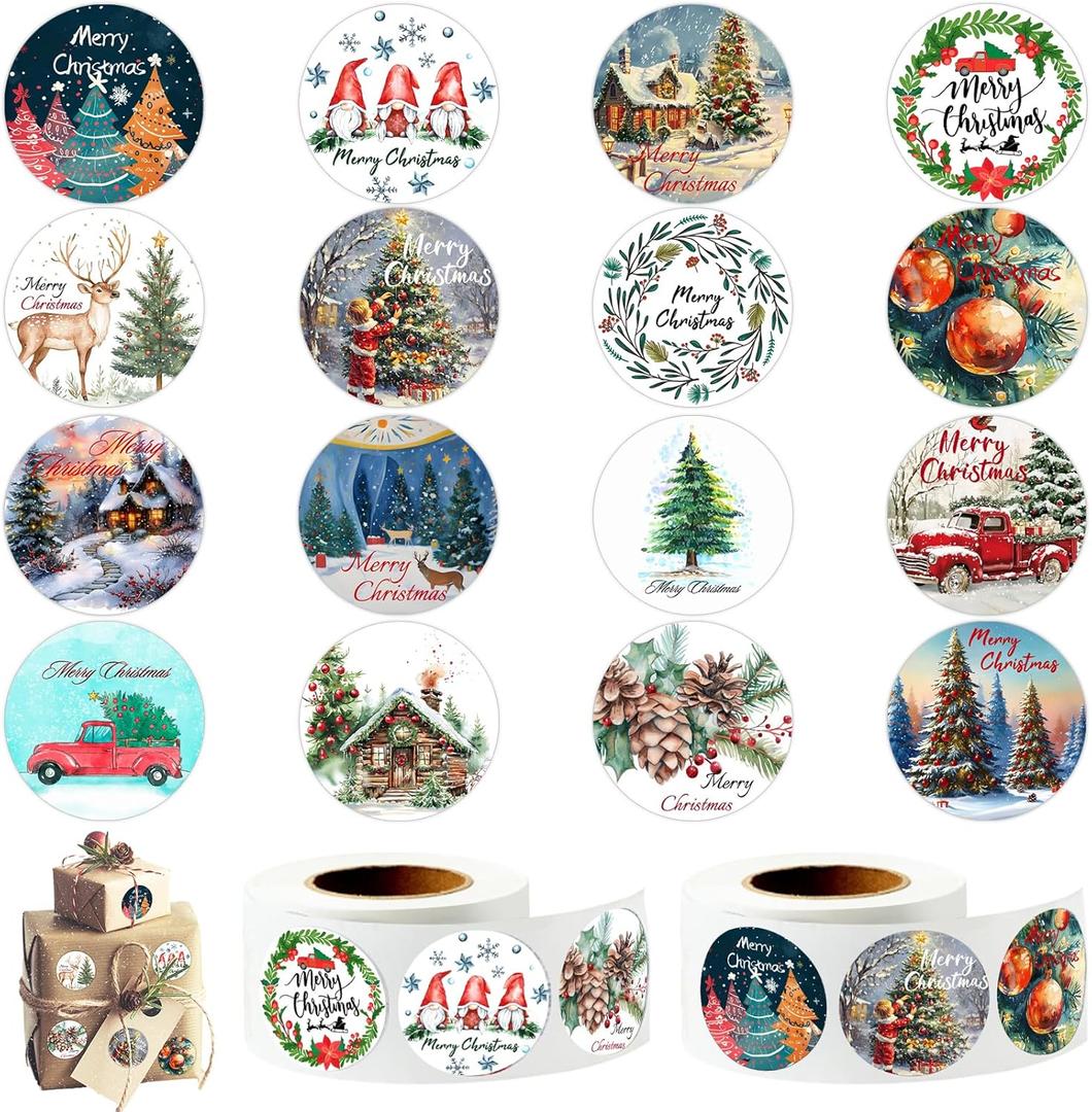 1000Pcs Christmas Stickers, 2 Rolls Round Stickers in Roll Rustic Christmas Tree Wreath Elk Truck Patterns Label Stickers for Xmas Seals Cards Presents Envelopes