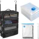 Suitcase Organizer, Travel Luggage Organizer Portable Hanging Travel Shelves Collapsible Hanging Packing Cubes for Carry on Suitcase with 5 Medium Vacuum Storage Bags and Hand Pump,Black