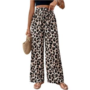GORGLITTER Women's Wide Leg Cheetah Print Pants High Waist Leopard Animal Pants Casual Palazzo Trousers Outfits (Medium, Khaki)
