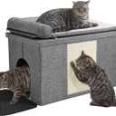 Cat Litter Box Enclosure Furniture, Hidden Litter Box with Cat Bed, Waterproof Odor Control Litter Box Cover, Dog Proof Foldable Storage Bench, Easy Assembly (Grey, Large (30" x 17.7"x 17.7"))