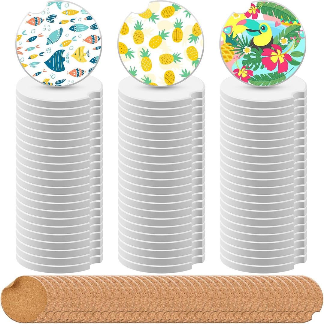 Tioncy 72 Pieces Ceramic Coasters for Crafts, White Sublimation Coaster Blanks, Heat Transfer Ceramic Tiles for DIY Printing, Cork Backing Pads Included (Notched Circle)