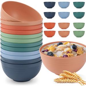 HOTEC 12-PACK BPA Free Unbreakable Plastic Cereal Bowls - Microwave & Dishwasher Safe Soup Salad Camping Bowls, 26OZ, Multicolor