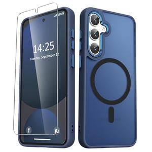 for Samsung Galaxy S25+ Plus Case, Matte Magnetic Phone Case with 1 Screen Protector, Support for Magsafe, Translucent Frosted Shockproof Protective Cover for Samsung Galaxy S25+ Plus, Navy Blue