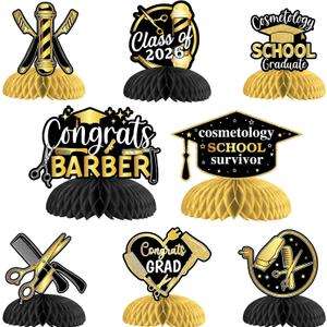 2 x Cosmetology Graduation Decorations 2026 Black Gold, 8pcs Barber Graduation Decoration Honeycomb Centerpiece Hairstylist Table Decoration for Cosmetologist School Survivor Graduation