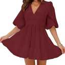 firfig Women's Casual Summer Dresses V Neck Half Sleeve Elastic Waist Flowy Tiered Short Mini Dress Size L