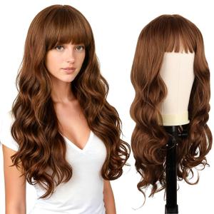 Long Brown Wigs for White Women Kinky 26 Inch Middle Part Glue less Wig 180% Density Wear Curly Wavy Wigs with bangs Brown Wig Upgraded Protein Fiber Hair for Daily Party Use. (Brown)