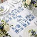 Frienda 12 Pcs Blue Floral Cocktail Coaster 6'' x 6" Something Blue and White Reusable Fabric Coaster Washable Square Dinner Towel for Bridal Shower Bachelorette Party Decoration