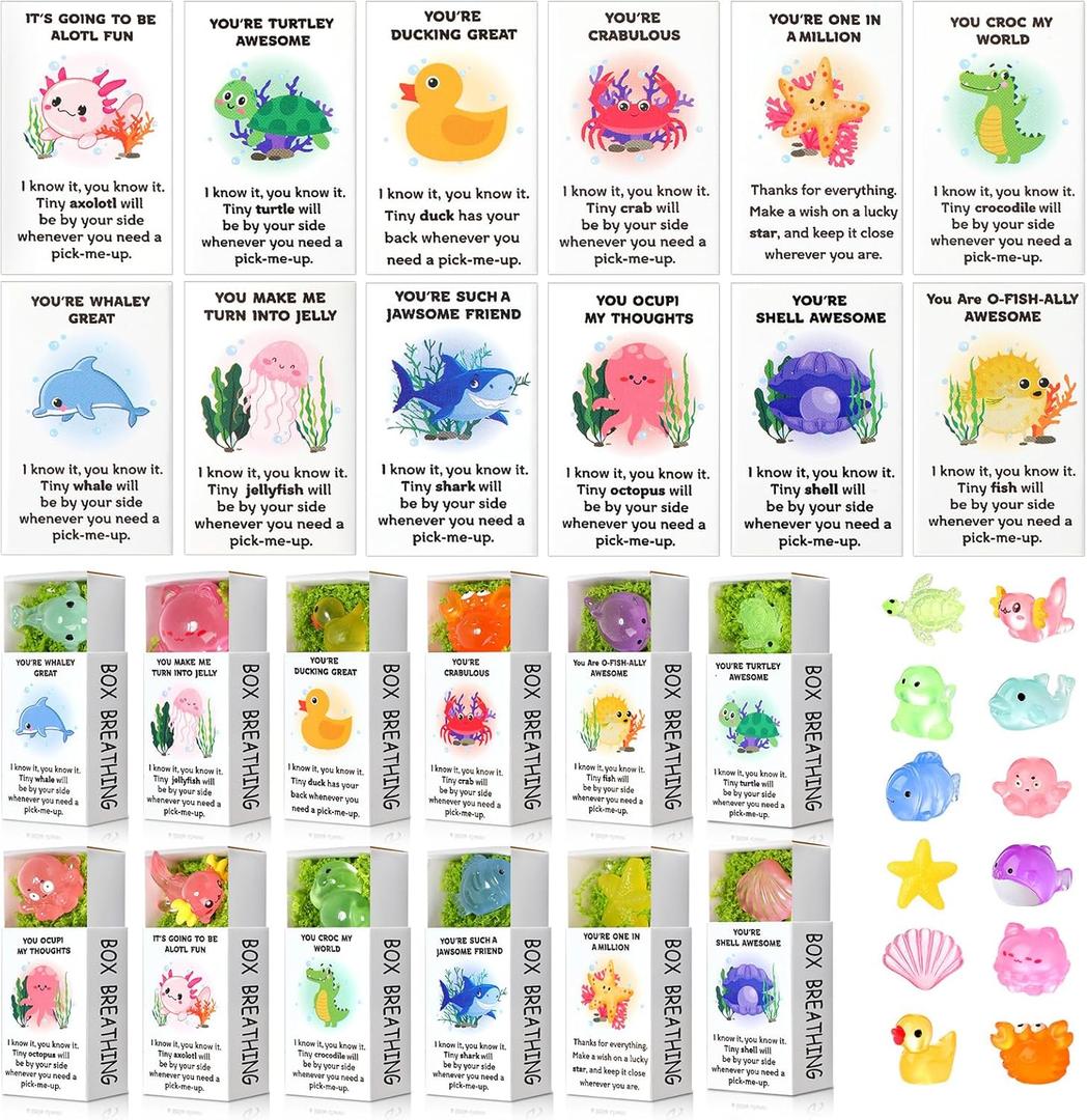 Cinnvoice 60 Sets Emotional Support Gifts Employee Appreciation Gifts Mini Resin Animals Breathing Box Party Favor Bulk Affirmation Positive Thank You Present for Office Coworker Staff(Sea Animals)