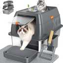 Extra Large Stainless Steel Litter Box with Lid, High Sided Enclosed Metal Cat Litter Pan, Dog Proof Front Entry Top Exit, Odor Control Easy Clean Leak Proof, Includes Mat, Scoop & Step, Grey