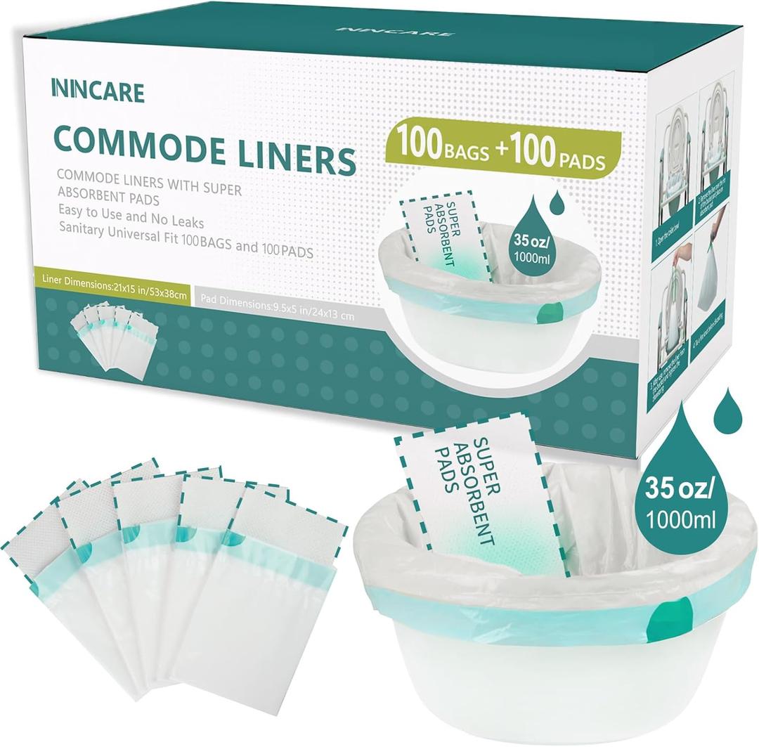 Commode Liners with Absorbent PadsValue Pack 100 Count Universal FitDisposable Bedside Commode Liners and Pads for Adult Portable Toilet (100Bags + 100Pads)