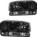 MARSFLUX Headlight Assembly Pair for 99-06 Sierra/ 00-06 Yukon, Headlamp Vacuum-coated Aluminum Clear Reflector Chrome Housing, Black Lens Replace GM2502188 GM2503188（Front Left & Right）