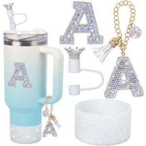 Letter Charms for Stanley Cup Handle,Silicone Boot Accessories Charms for Stanley Cup 40oz 30oz,Crown Straw Cover Topper & Diamond Sticker (A)