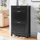 2 Flip Drawers Shoe Cabinet Storage for Entryway, Narrow Hidden Shoes Organizer for Front Door Entrance, Free Standing Shoes Cabinet Wooden Hallway Shoe Rack(Black), Medium